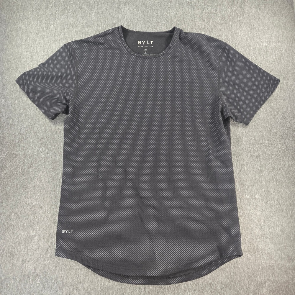 BYLT Drop Cut S/S Lux Mens Large Black Polka Dot Short Sleeve Curved Hem T-Shirt